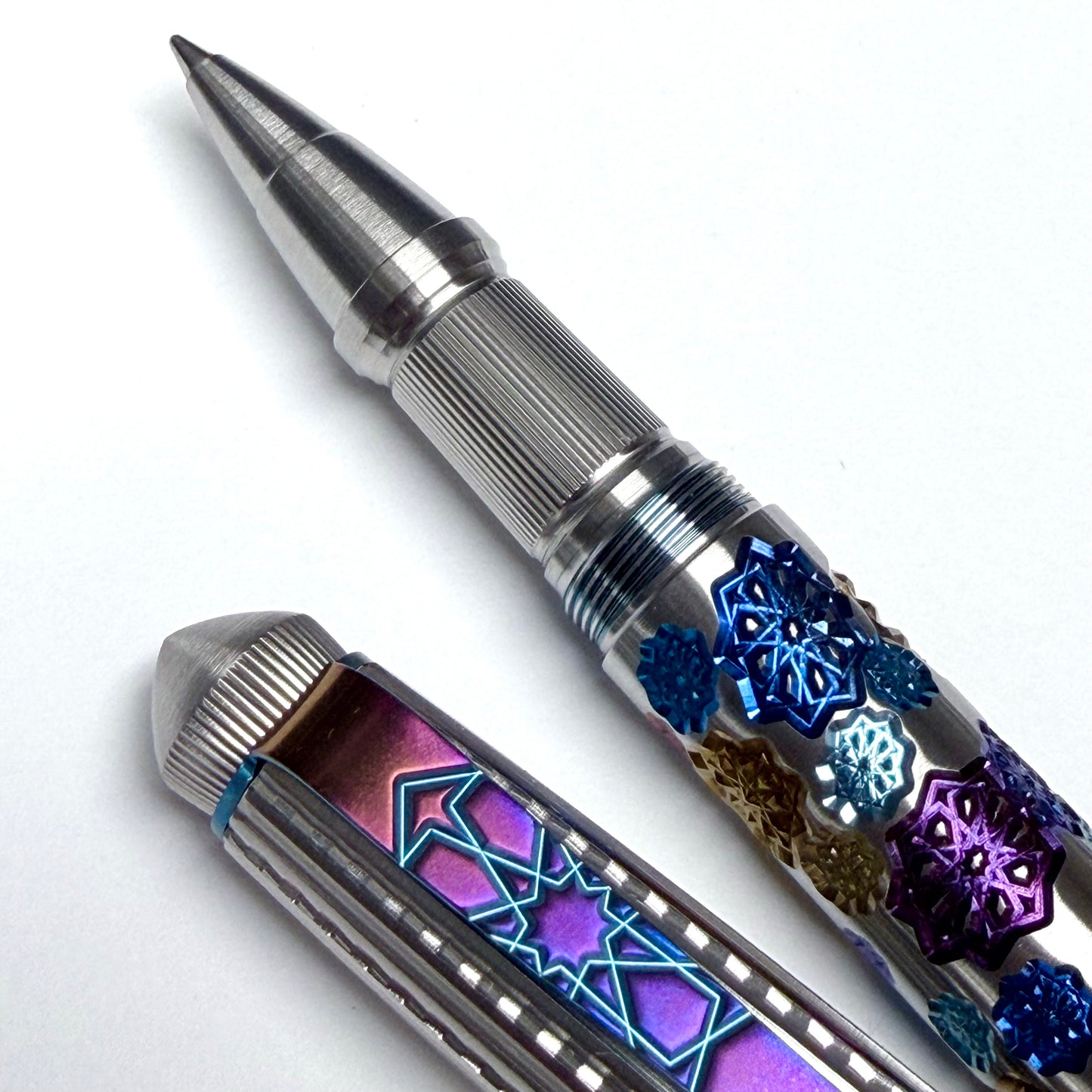 Fireworks Fountain Pen – Anodized Titanium & Guilloche on Stainless Steel