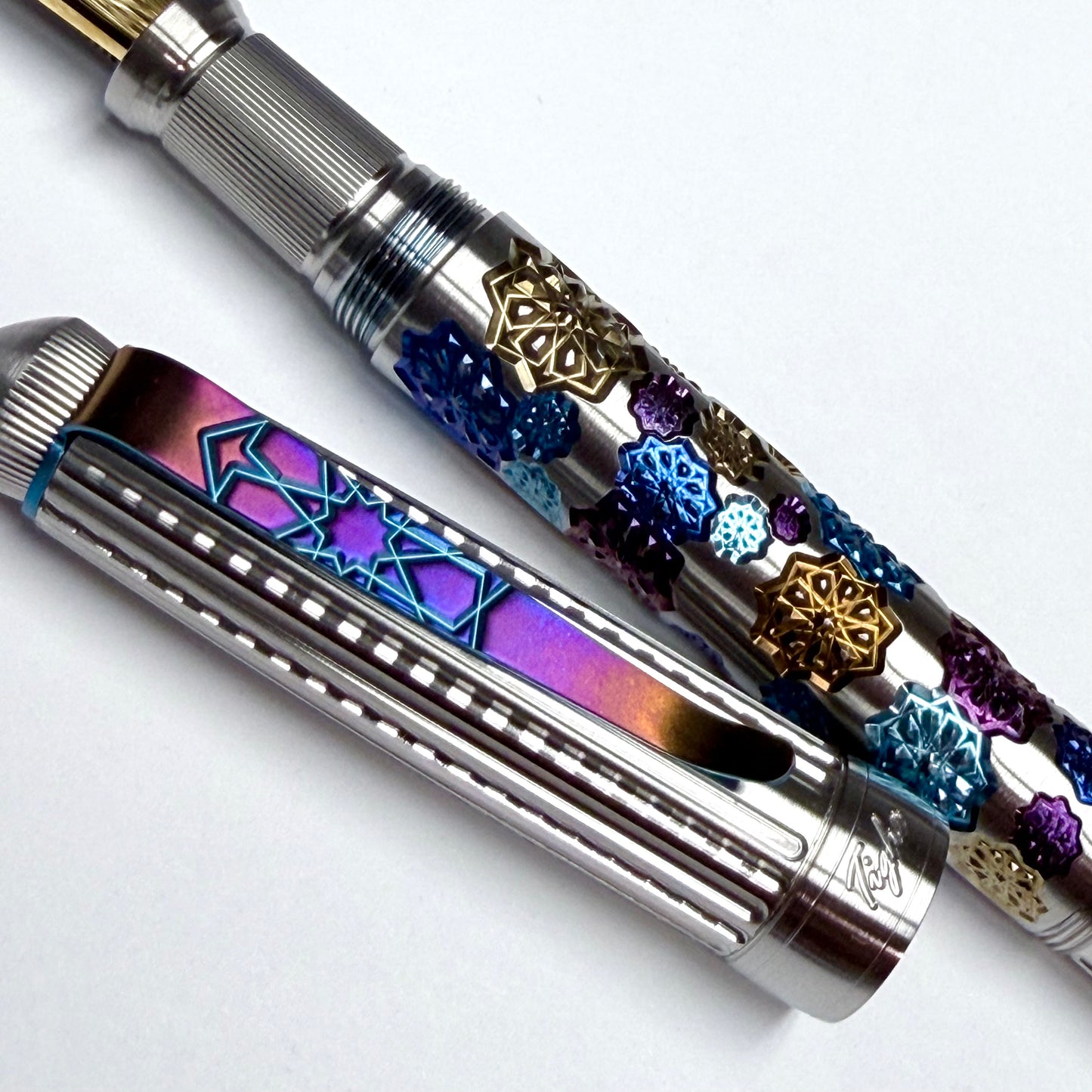 Fireworks Fountain Pen – Anodized Titanium & Guilloche on Stainless Steel