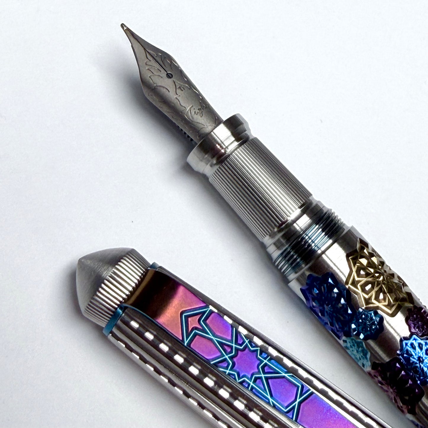 Fireworks Fountain Pen – Anodized Titanium & Guilloche on Stainless Steel
