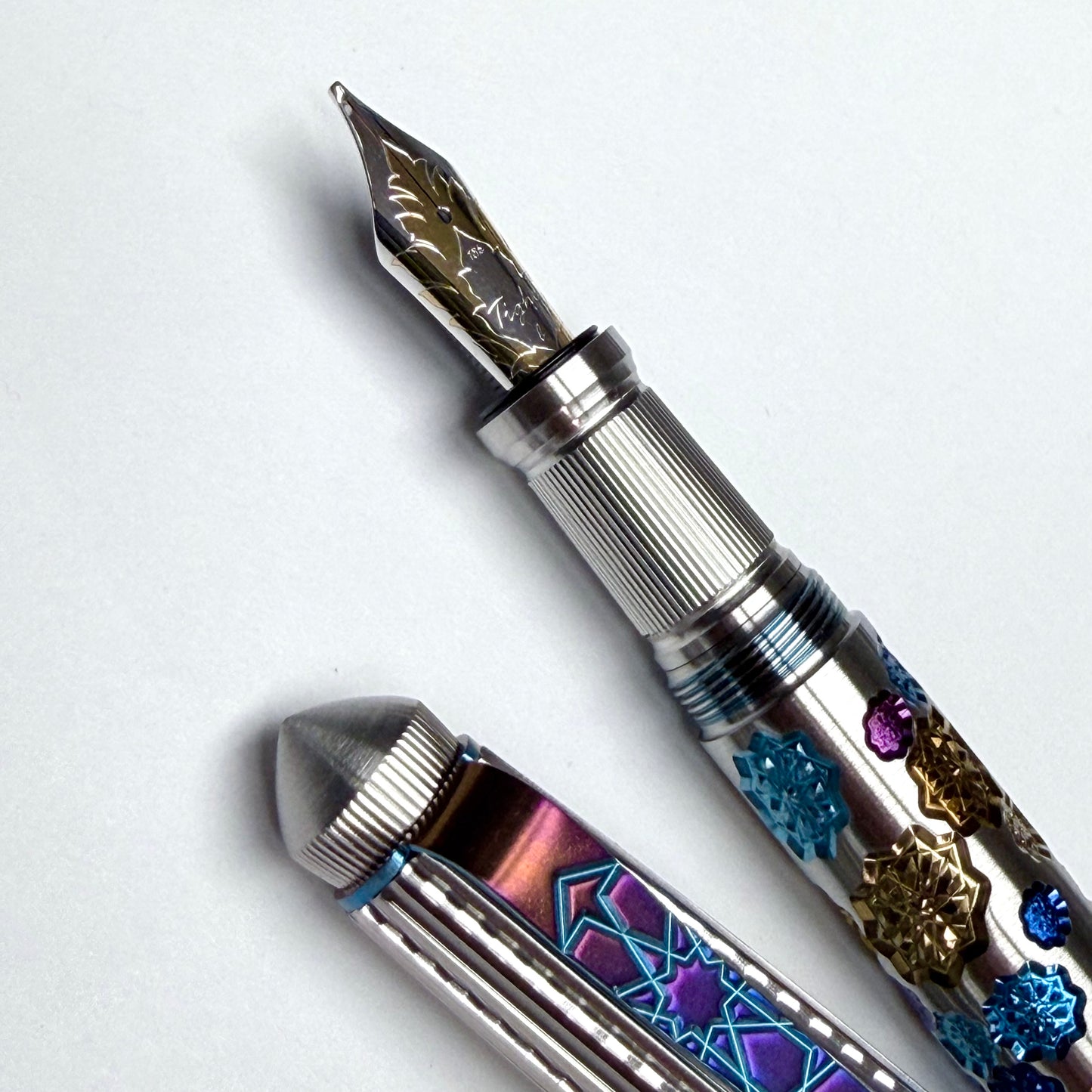 Fireworks Fountain Pen – Anodized Titanium & Guilloche on Stainless Steel