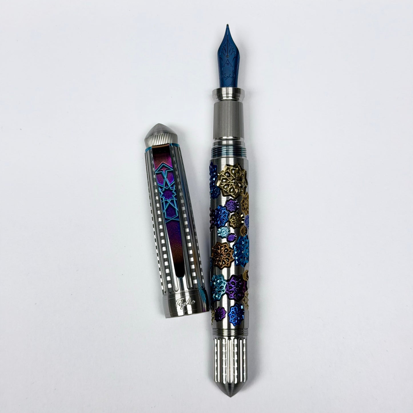 Fireworks Fountain Pen – Anodized Titanium & Guilloche on Stainless Steel