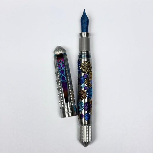 Fireworks Fountain Pen – Anodized Titanium & Guilloche on Stainless Steel
