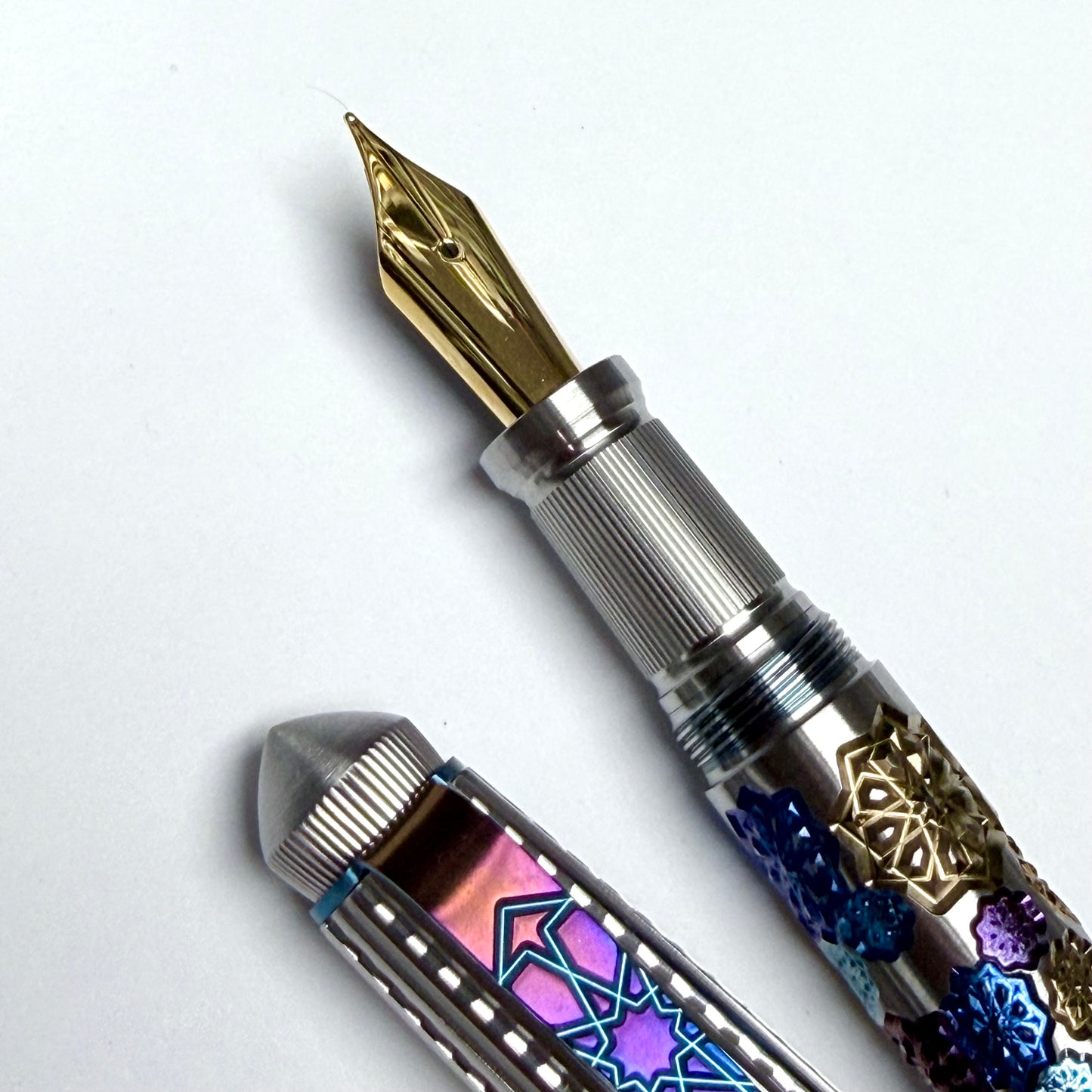 Fireworks Fountain Pen – Anodized Titanium & Guilloche on Stainless Steel